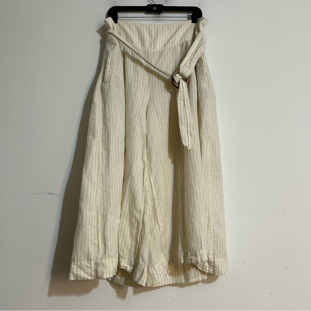 Anthropologie Palm Beach Belted Striped Linen Blend Wide Leg Pants 16W Coastal